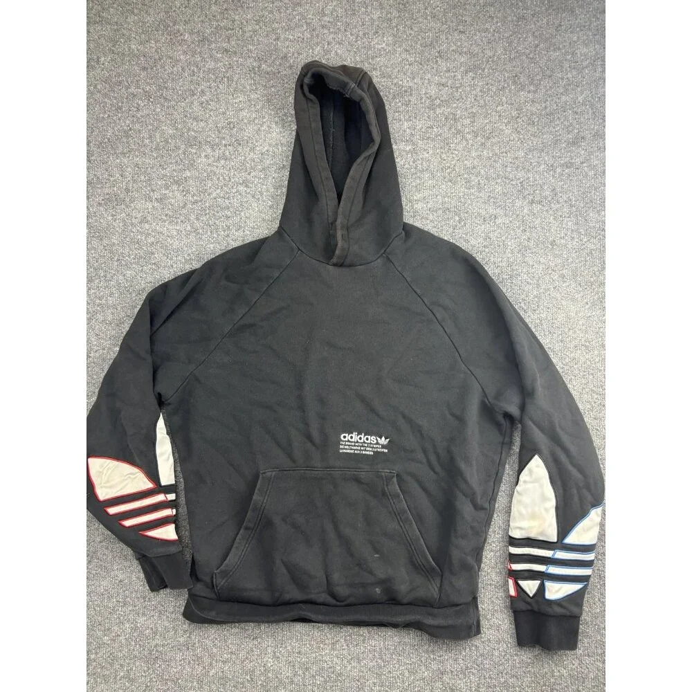 Adidas Hoodie Mens Medium Black Trefoil Pullover Colorblock‎ Sleeves Streetwear